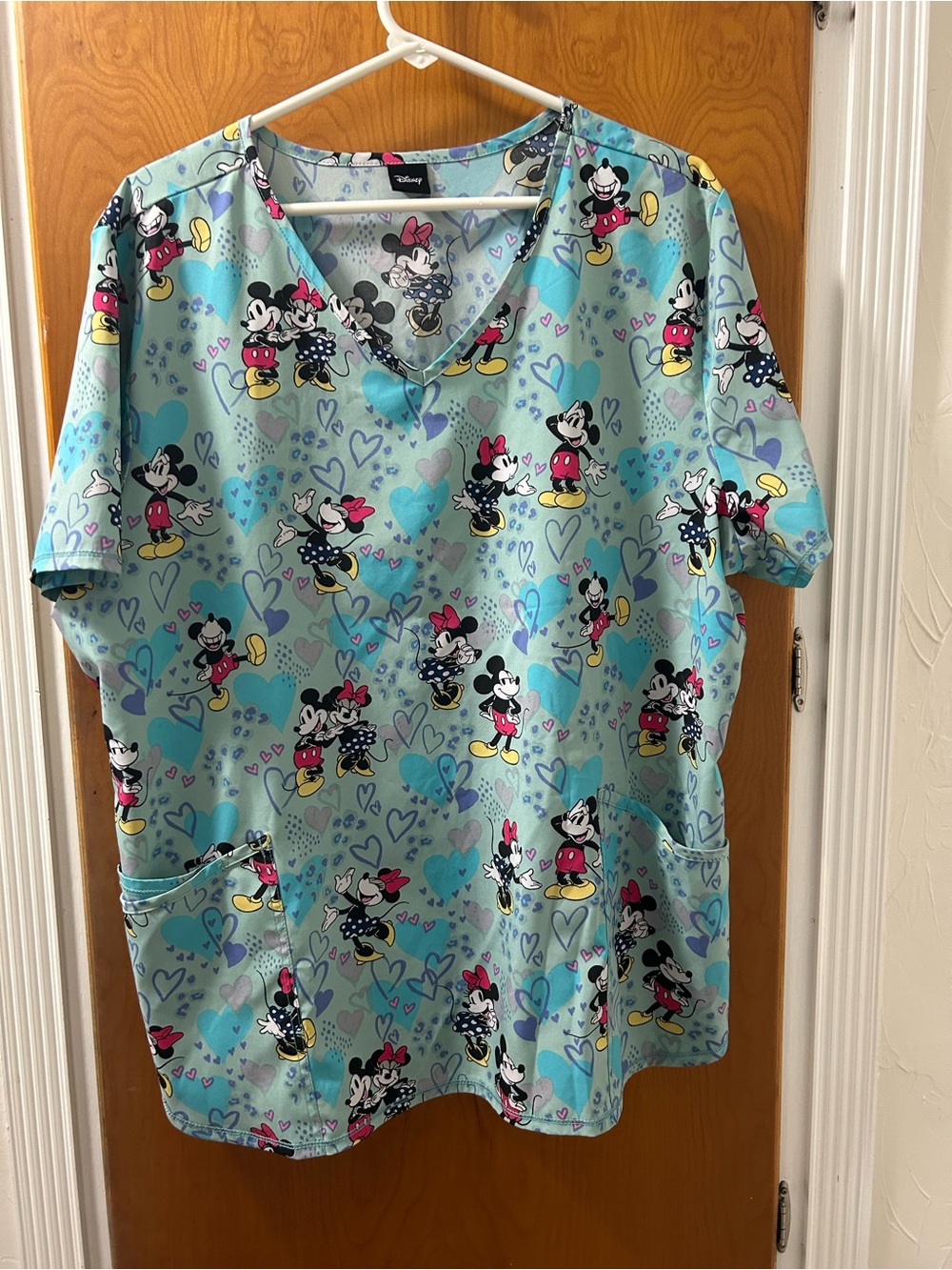 Disney Light Blue Minnie & Mickey Heart Print scrub top